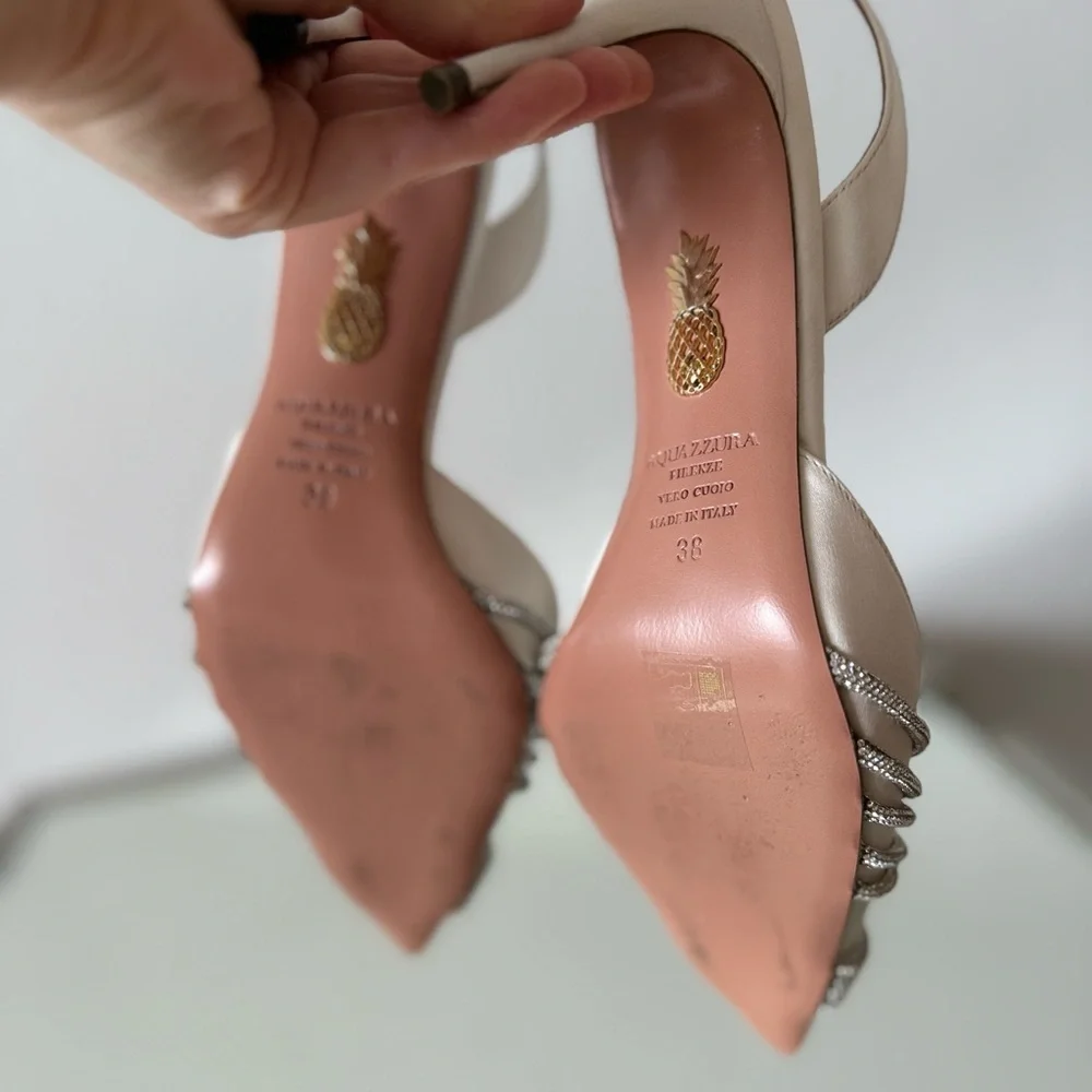 Worn once AQUAZZURA Gatsby 75 crystal-embellished satin slingback pumps - Picture 15 of 16